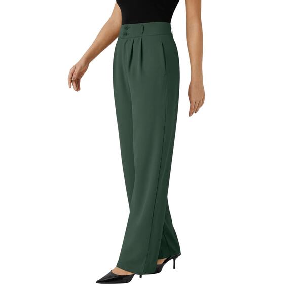 Halara Womens High Waisted Button Green Shirred Straight Leg Work Pants Size XS - Picture 1 of 5